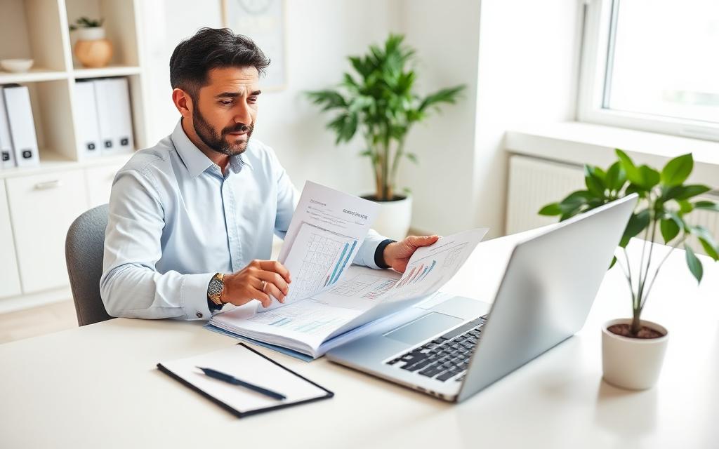An accountant reviewing bookkeeping records at a desk