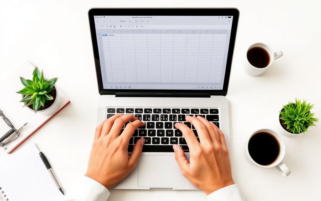 Preparing a payroll sheet on a laptop at a bright desk