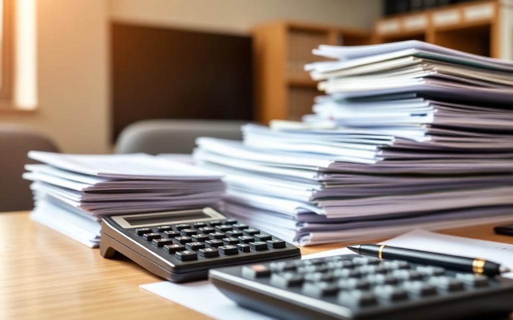 Stacked tax files and a calculator on a desk