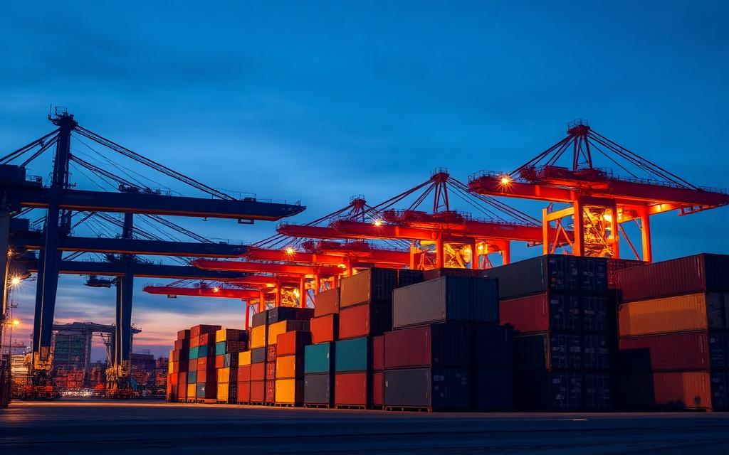 Shipping containers and cranes at a port terminal